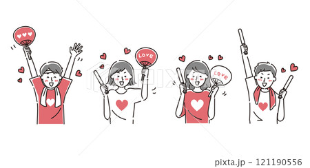 うちわを持って推し活する笑顔の男女のイラスト 121190556
