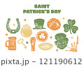 Set of Saint Patrick's day celebration themed vector illustrations. Colorful, cartoon style, hand drawn elements isolated on a white background. 121190612