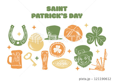 Set of Saint Patrick's day celebration themed vector illustrations. Colorful, cartoon style, hand drawn elements isolated on a white background. 121190612