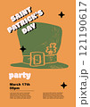 Saint Patrick's Day party flyer, leprechaun hat. Set of vector illustrations. Flat design. Typography. Background for a poster, t-shirt or banner.	 121190617