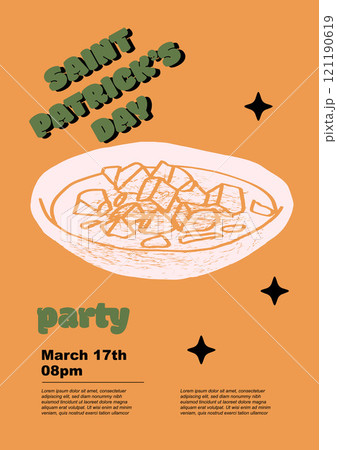 Saint Patrick's Day party flyer, Traditional Irish Stew. Set of vector illustrations. Flat design. Typography. Background for a poster, t-shirt or banner.	 121190619