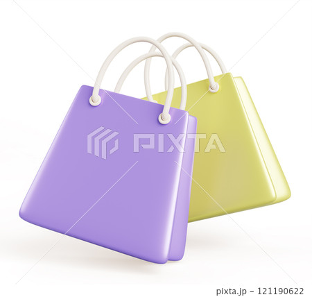 3d shop paper bag for gift isolated render icon set. Realistic fashion packages, purchase clothes shopping box, fly present pack. Purple and green reusable market shopper for delivery. 3D illustration 121190622