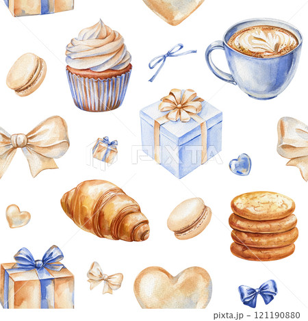 seamless pattern with sweets gifts, cupcakes, cookies, coffee, holiday treats. Watercolor illustration love celebrations 121190880