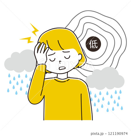 低気圧と雨雲 頭痛に悩む女性のイラスト 低気圧と雨雲 頭痛に悩む女性のイラスト 121190974