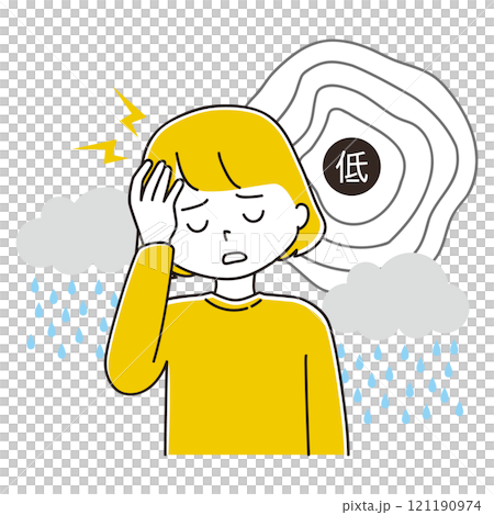 低気圧と雨雲 頭痛に悩む女性のイラスト 低気圧と雨雲 頭痛に悩む女性のイラスト 121190974
