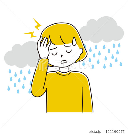 低気圧による頭痛に悩む女性のイラスト 低気圧による頭痛に悩む女性のイラスト 121190975