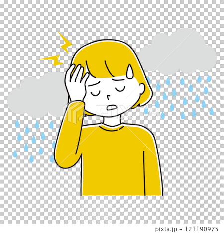 低気圧による頭痛に悩む女性のイラスト 低気圧による頭痛に悩む女性のイラスト 121190975