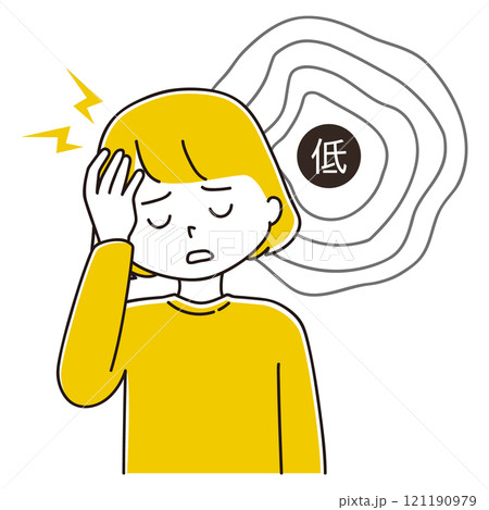 低気圧　頭痛に悩む女性のイラスト 121190979
