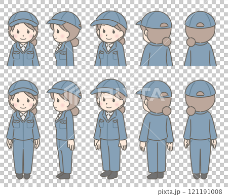 色々な方向を向いた作業着姿の若い女性 121191008