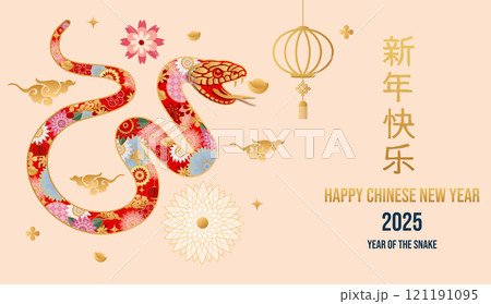 Happy Chinese New Year 2025. Snake zodiac with abstract flowers, year of the snake. Vector illustrator EPS10 121191095