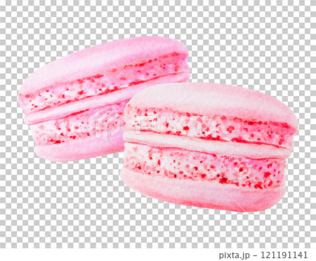 Watercolor illustration of pink macarons with detailed texture and vibrant color. Isolated clip art is perfect for bakery branding, dessert menus, food-related designs, greeting cards, party projects Watercolor illustration of pink macarons with detailed texture and vibrant color. Isolated clip art is perfect for bakery branding, dessert menus, food-related designs, greeting cards, party projects 121191141