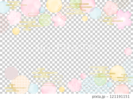 Hand-drawn New Year's card watercolor plum, cherry blossom, polka dots and Japanese pattern background illustration 121191151