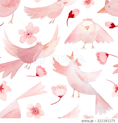 Sakura flowers and birds in different poses, monochromatic hand painted watercolor seamless border isolated on white. High quality pink art perfect for children design, wrapping paper, women textile Sakura flowers and birds in different poses, monochromatic hand painted watercolor seamless border isolated on white. High quality pink art perfect for children design, wrapping paper, women textile 121191173