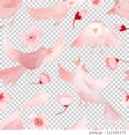 Sakura flowers and birds in different poses, monochromatic hand painted watercolor seamless border isolated on white. High quality pink art perfect for children design, wrapping paper, women textile Sakura flowers and birds in different poses, monochromatic hand painted watercolor seamless border isolated on white. High quality pink art perfect for children design, wrapping paper, women textile 121191173