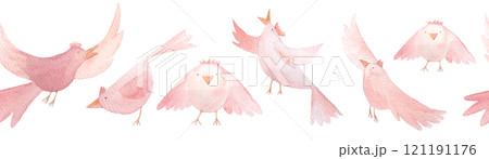 Birds flying, singing, cartoon characters, hand painted watercolor seamless border isolated on white. High quality pink clip art great for children decor, wrapping paper, textile, stationary design Birds flying, singing, cartoon characters, hand painted watercolor seamless border isolated on white. High quality pink clip art great for children decor, wrapping paper, textile, stationary design 121191176