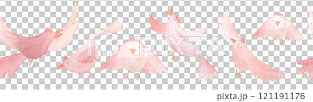 Birds flying, singing, cartoon characters, hand painted watercolor seamless border isolated on white. High quality pink clip art great for children decor, wrapping paper, textile, stationary design Birds flying, singing, cartoon characters, hand painted watercolor seamless border isolated on white. High quality pink clip art great for children decor, wrapping paper, textile, stationary design 121191176