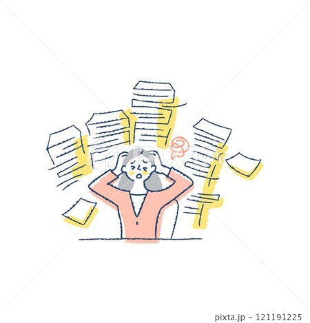 書類の山と頭をかかえて困っているビジネスパーソン 女性 書類の山と頭をかかえて困っているビジネスパーソン 女性 121191225