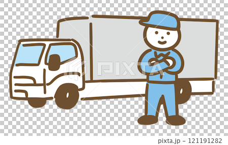 Medium to large truck and smiling male driver (full body) Medium to large truck and smiling male driver (full body) 121191282