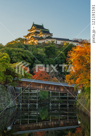 秋の紅葉に染まる、天守閣　和歌山城 121191591