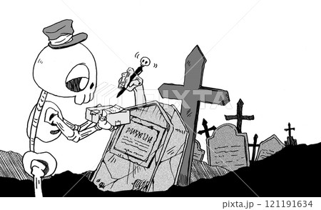 荷物を配達するガイコツの配達員のモノクロイラスト 121191634