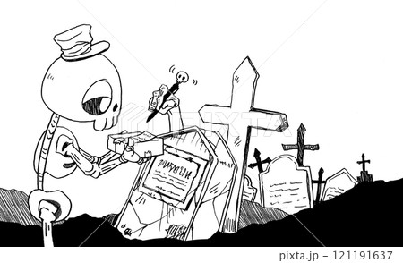 荷物を配達するガイコツの配達員イラストの線画 121191637