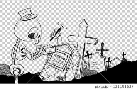 荷物を配達するガイコツの配達員イラストの線画 121191637