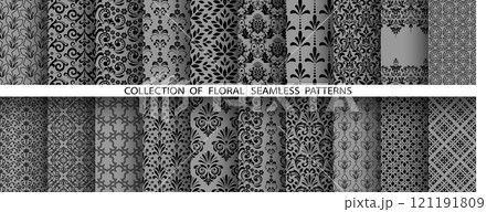Geometric floral set of seamless patterns. Gray and black vector backgrounds. Damask graphic ornaments Geometric floral set of seamless patterns. Gray and black vector backgrounds. Damask graphic ornaments 121191809