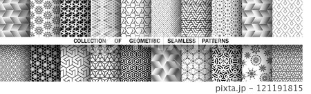 Geometric set of seamless black and white patterns. Simple vector graphics. 121191815