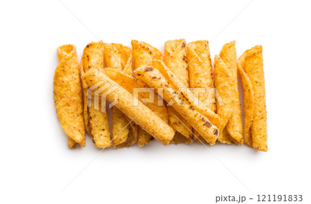 Rolled nachos tortilla chips isolated on white background. Rolled nachos tortilla chips isolated on white background. 121191833