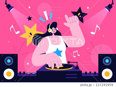 DJ Vector Illustration Featuring a Young Musician Wearing Headphones, Mixing Music on a Turntable, Nightlife Club Lifestyle at a Nightclub Party DJ Vector Illustration Featuring a Young Musician Wearing Headphones, Mixing Music on a Turntable, Nightlife Club Lifestyle at a Nightclub Party 121191959