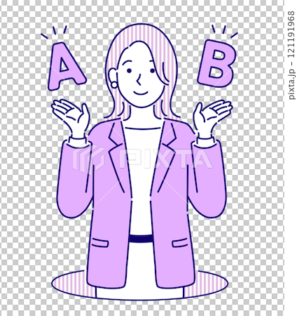 2つの選択肢を提案するオフィスカジュアルの女性のイラスト・シンプルでポップなベクターイラスト 2つの選択肢を提案するオフィスカジュアルの女性のイラスト・シンプルでポップなベクターイラスト 121191968