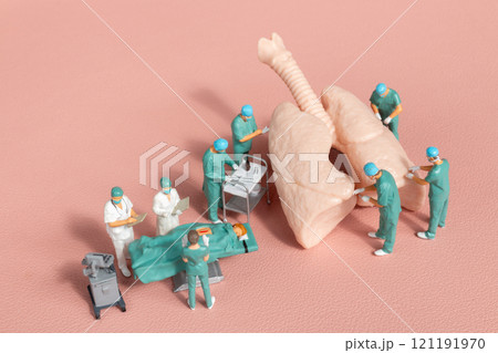 Miniature figures, medical team performing surgery on a detailed anatomical lung model Miniature figures, medical team performing surgery on a detailed anatomical lung model 121191970