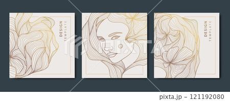 Vector set of line woman line cards, abstract beauty art deco portrait, hair salon, nature product package. Fashion feminine square posters. Vector set of line woman line cards, abstract beauty art deco portrait, hair salon, nature product package. Fashion feminine square posters. 121192080