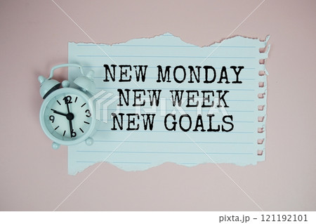 New Monday New Week New Goals text motivational and inspiration quote with alarm clock on pink background New Monday New Week New Goals text motivational and inspiration quote with alarm clock on pink background 121192101