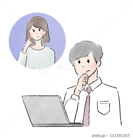 男性と女性が困った表情でオンライン通話しているシーン 男性と女性が困った表情でオンライン通話しているシーン 121192287