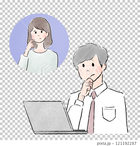 A scene where a man and a woman are having an online conversation with a troubled look on their face A scene where a man and a woman are having an online conversation with a troubled look on their face 121192287