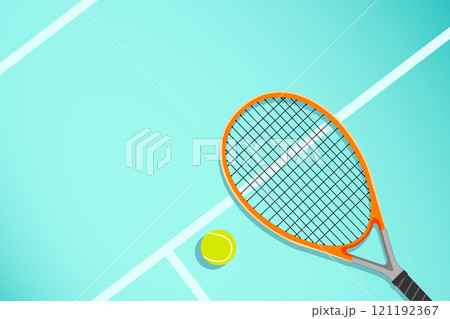 tennis racket with tennis ball on green court no people, closeup sport accessories vector illustration sport gradient background. eps10. tennis racket with tennis ball on green court no people, closeup sport accessories vector illustration sport gradient background. eps10. 121192367