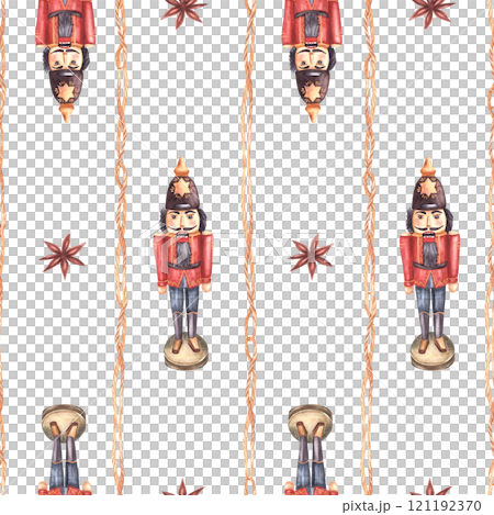 The Nutcracker toy vintage seamless pattern of vertical rope strips and anise star. Winter Christmas wooden soldier, traditional ornament. Watercolor hand drawn illustration on isolated background 121192370
