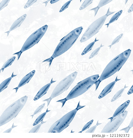 Sardine fish in diagonal swimming seamless pattern in stylized watercolor illustration on a transparent background for the holiday sardine funeral,fish restaurants,posters,fish markets and stores 121192372