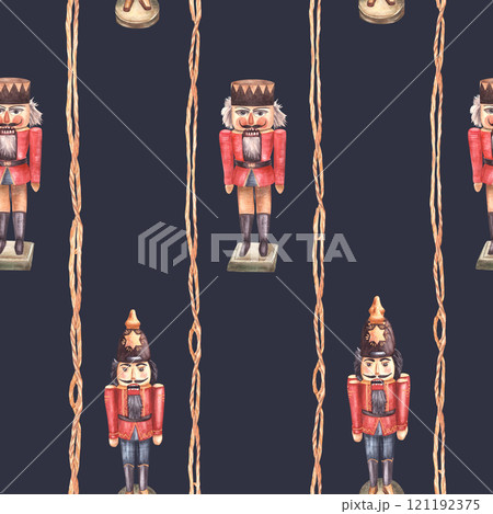 Nutcracker seamless pattern, wooden toy soldier. Watercolor vintage tradition Christmas tree retro ornament. Hand drawn illustration for festive fabric, packing paper print on isolated dark background Nutcracker seamless pattern, wooden toy soldier. Watercolor vintage tradition Christmas tree retro ornament. Hand drawn illustration for festive fabric, packing paper print on isolated dark background 121192375