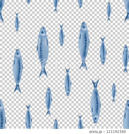 Sardine fish in seamless pattern swimming up and down in stylized watercolor illustration on a transparent background for the holiday sardine funeral,fish restaurants,posters,fish markets and stores 121192380