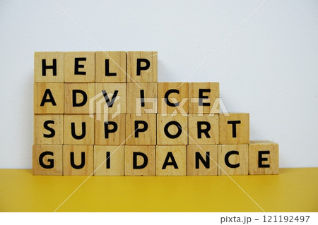 Help, Advice, Support, Guidance with wooden blocks alphabet letterstop view on wooden background 121192497