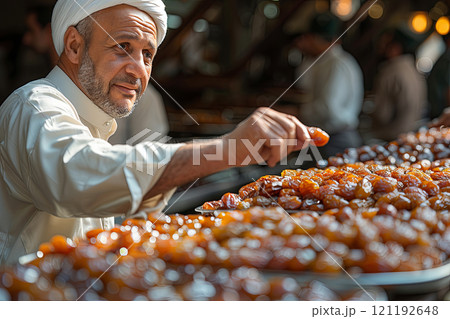 Man reaches for a date behind the counter at the market Man reaches for a date behind the counter at the market 121192648