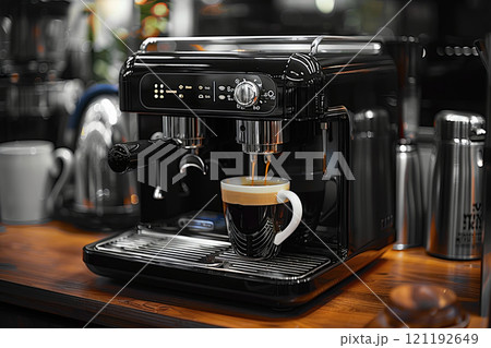 Black coffee maker with cup of coffee in it 121192649