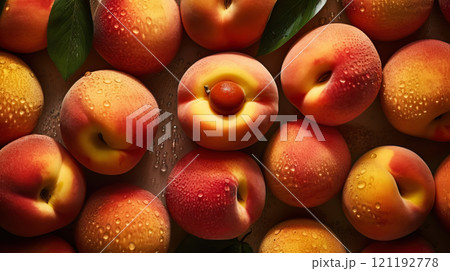 Fresh ripe peaches with water drops background. Fruits backdrop. Generative AI 121192778