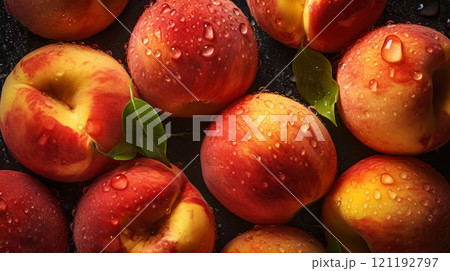 Fresh ripe peaches with water drops background. Fruits backdrop. Generative AI 121192797