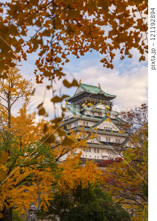 紅葉に包まれた夕暮れ時の大阪城天守閣 121192894