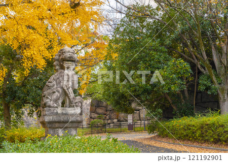 紅葉に包まれた夕暮れ時の大阪城公園 京橋口近くの狛犬 紅葉に包まれた夕暮れ時の大阪城公園 京橋口近くの狛犬 121192901