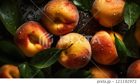 Fresh ripe peaches with water drops background. Fruits backdrop. Generative AI 121192972