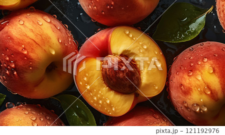 Fresh ripe peaches with water drops background. Fruits backdrop. Generative AI 121192976